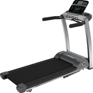 Cinta de correr plegable F3 Track de Life Fitness con consola de seguimiento y vista frontal en color negro y gris.